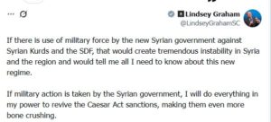 السيناتور الأمريكي غراهام يهدد حكومة الجولاني ويحذرها من استخدام القوة ضد الكرد